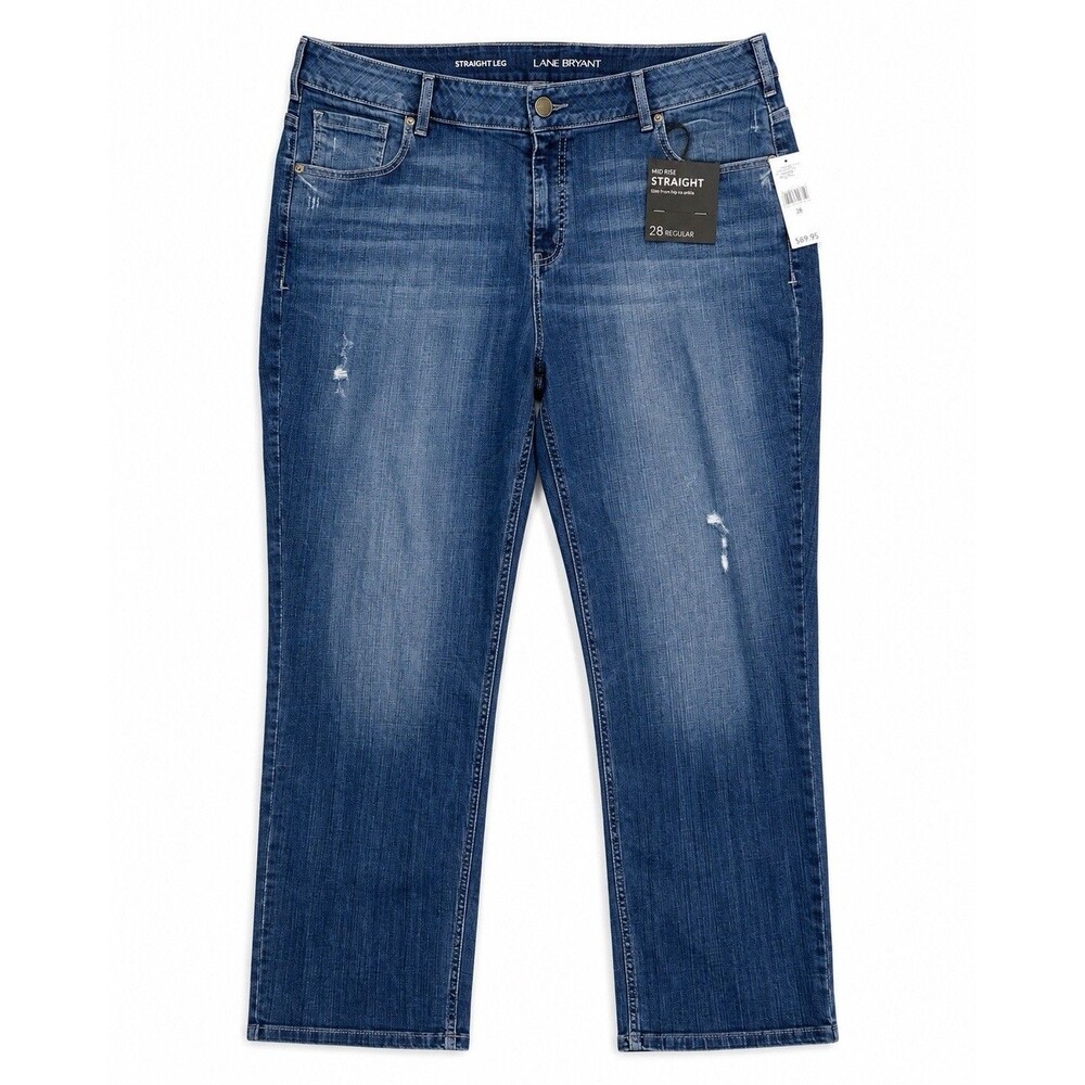 Lane Bryant Mid Rise Straight Leg Jeans 28 Regular Stretch NWT Distressed Denim
